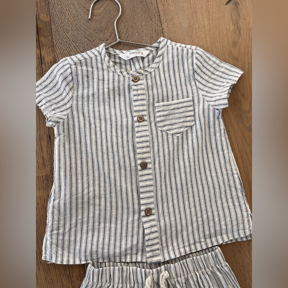 Mayoral 3 piece baby boy linen short set bucket hat striped neutral 12 months - Picture 5 of 12